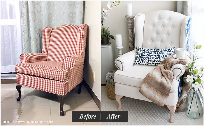 Farmhouse Style Wingback chair makeover by OhEverythingHandmade - Before and After