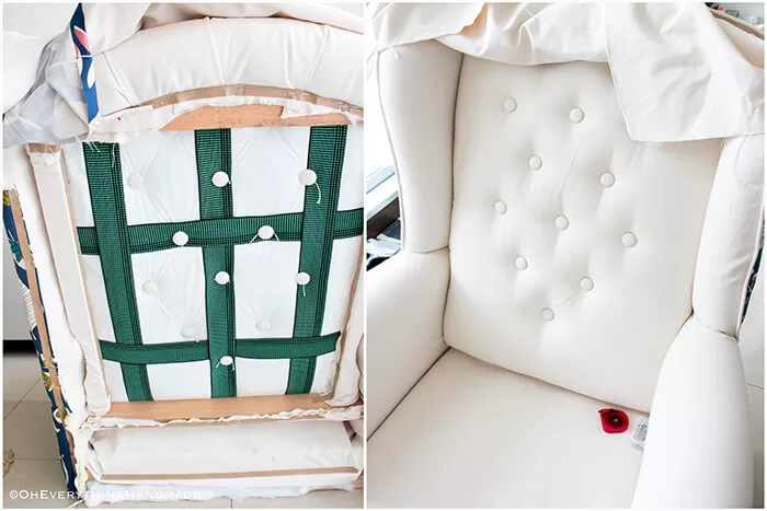 Farmhouse Style Wingback chair makeover by OhEverythingHandmade - Before and after tufting