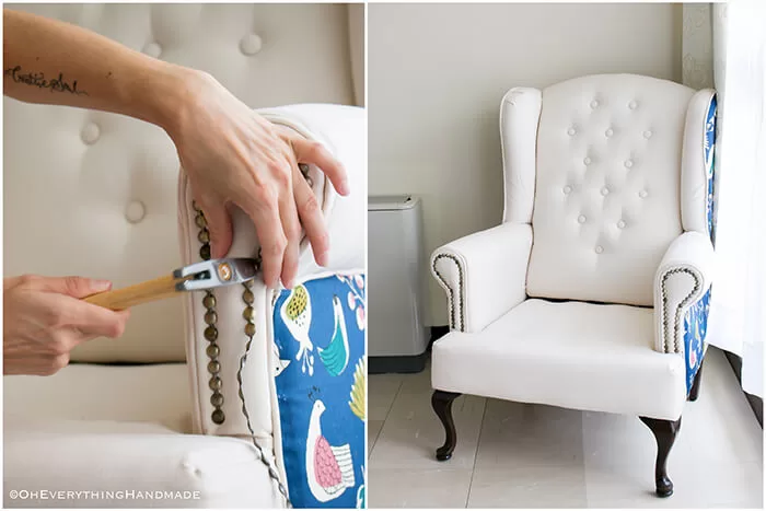 Farmhouse Style Wingback chair makeover by OhEverythingHandmade - Chair almost complete